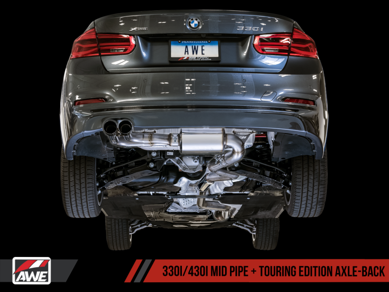 AWE Tuning BMW F3X 28i / 30i Touring Edition Axle-Back Exhaust Single Side - 80mm Silver Tips-Exhaust-Silicon Valley Bimmer