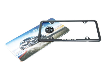 BMW Laser Slimline License Plate Frame with BMW Roundel Valve Stem Caps - Satin Black