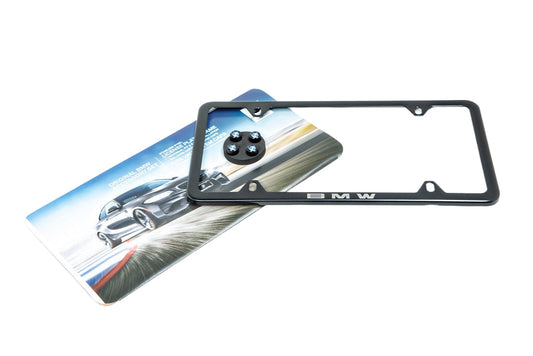 BMW Laser Slimline License Plate Frame with BMW Roundel Valve Stem Caps - Satin Black