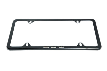 BMW Laser Slimline License Plate Frame with BMW Roundel Valve Stem Caps - Satin Black