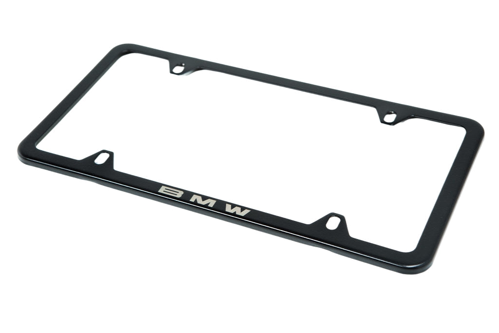 BMW Laser Slimline License Plate Frame with BMW Roundel Valve Stem Caps - Satin Black