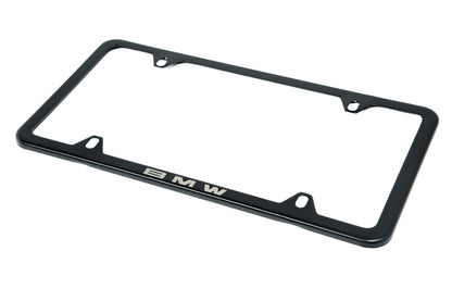 BMW Laser Slimline License Plate Frame with BMW Roundel Valve Stem Caps - Satin Black