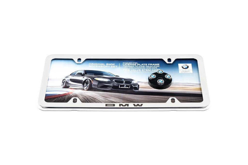 BMW Laser Slimline License Plate Frame with BMW Roundel Valve Stem Caps - Polished Silver