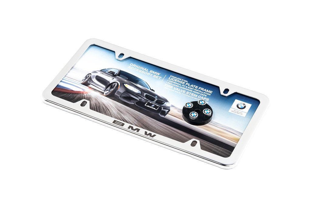 BMW Laser Slimline License Plate Frame with BMW Roundel Valve Stem Caps - Polished Silver