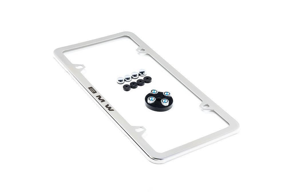 BMW Laser Slimline License Plate Frame with BMW Roundel Valve Stem Caps - Polished Silver
