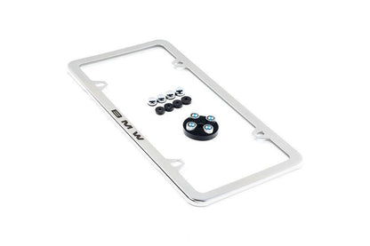 BMW Laser Slimline License Plate Frame with BMW Roundel Valve Stem Caps - Polished Silver