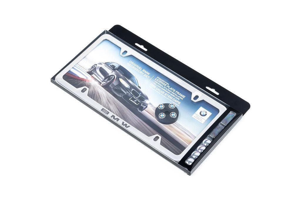 BMW Laser Slimline License Plate Frame with BMW Roundel Valve Stem Caps - Polished Silver