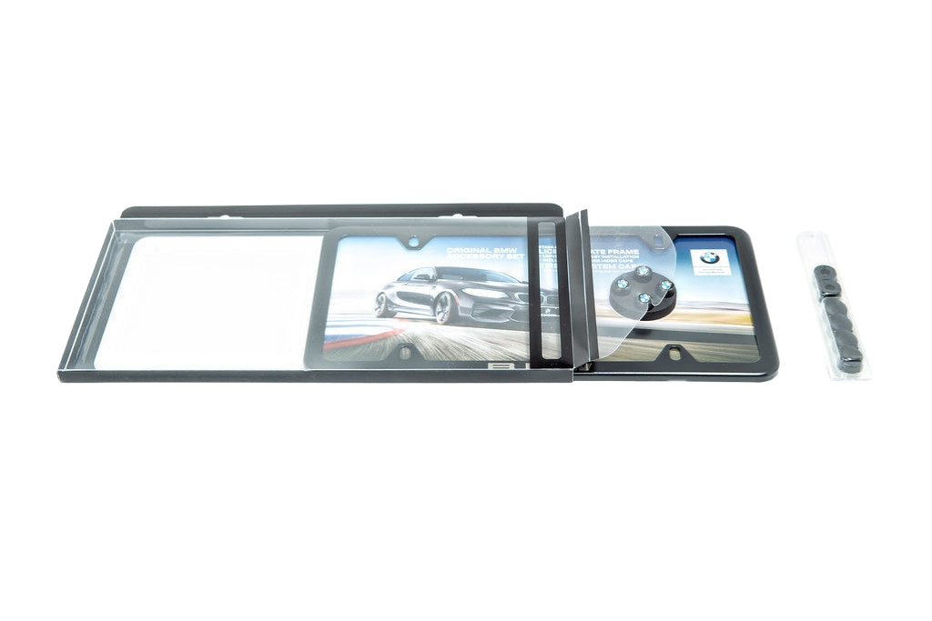 BMW Laser Slimline License Plate Frame with BMW Roundel Valve Stem Caps - Satin Black-Lifestyle-Silicon Valley Bimmer