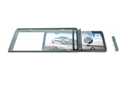 BMW Laser Slimline License Plate Frame with BMW Roundel Valve Stem Caps - Satin Black-Lifestyle-Silicon Valley Bimmer