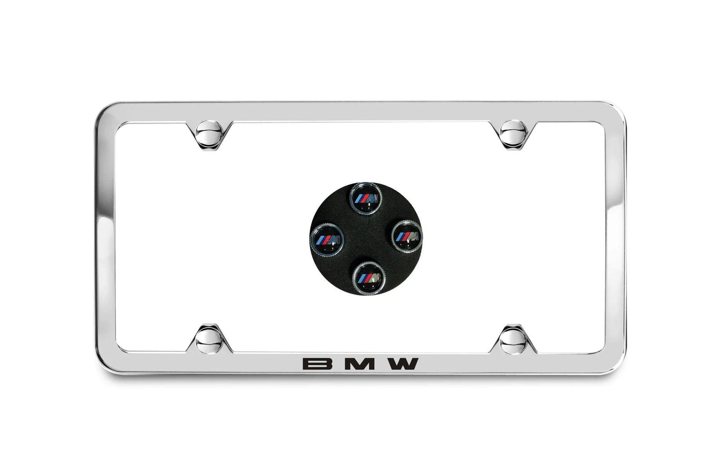 BMW Laser Slimline License Plate Frame with M Logo Valve Stem Caps - Polished Silver