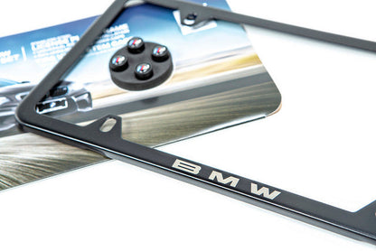 BMW Laser Slimline License Plate Frame with M Logo Valve Stem Caps - Satin Black-Exterior-Silicon Valley Bimmer