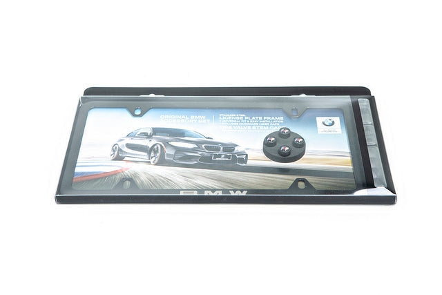BMW Laser Slimline License Plate Frame with M Logo Valve Stem Caps - Satin Black-Exterior-Silicon Valley Bimmer