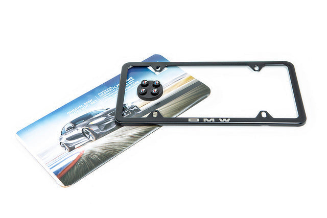 BMW Laser Slimline License Plate Frame with M Logo Valve Stem Caps - Satin Black-Exterior-Silicon Valley Bimmer