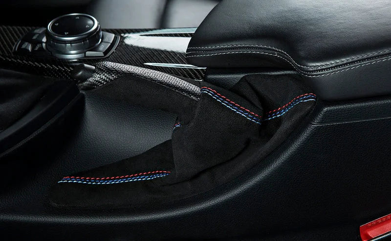 IND F8X M3 / M4 Matte Carbon + Alcantara Parking Brake Set - Straight Stitch-Interior-Silicon Valley Bimmer