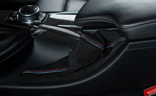IND F8X M3 / M4 Matte Carbon + Alcantara Parking Brake Set - Straight Stitch-Interior-Silicon Valley Bimmer