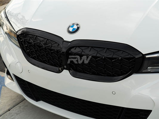 RW Carbon BMW G20 330i M340i Gloss Black Diamond Front Grilles-Exterior-Silicon Valley Bimmer