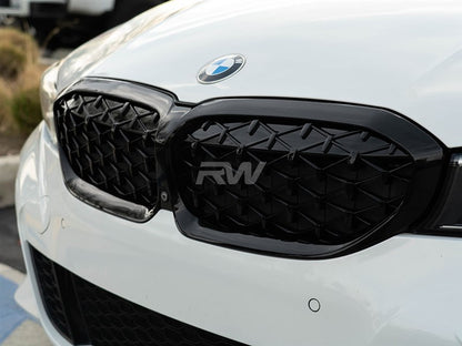 RW Carbon BMW G20 330i M340i Gloss Black Diamond Front Grilles-Exterior-Silicon Valley Bimmer