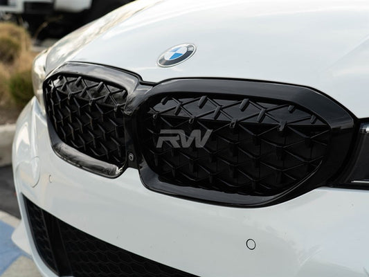 RW Carbon BMW G20 330i M340i Gloss Black Diamond Front Grilles-Exterior-Silicon Valley Bimmer