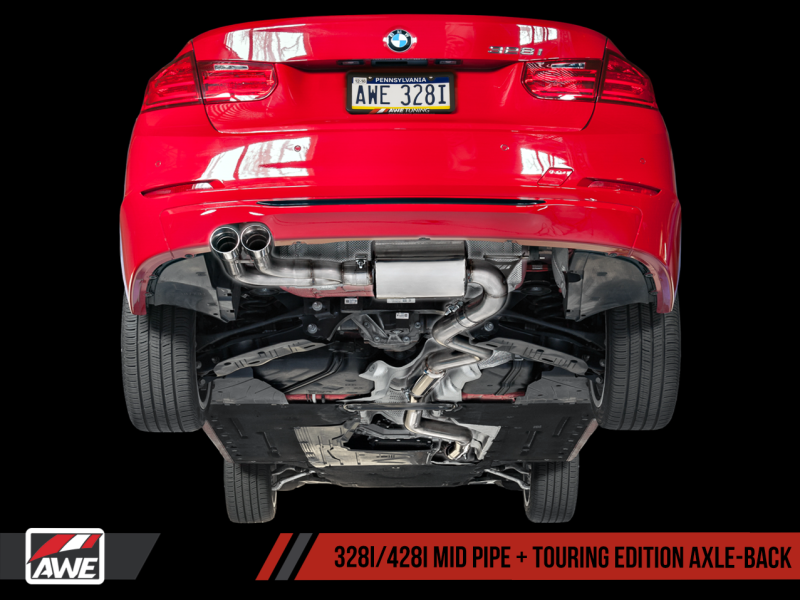 AWE Tuning BMW F3X 28i / 30i Touring Edition Axle-Back Exhaust Single Side - 80mm Silver Tips-Exhaust-Silicon Valley Bimmer