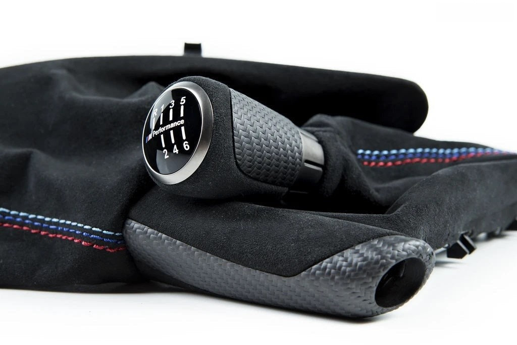 IND F8X M3 / M4 Matte Carbon + Alcantara Parking Brake Set - Straight Stitch-Interior-Silicon Valley Bimmer