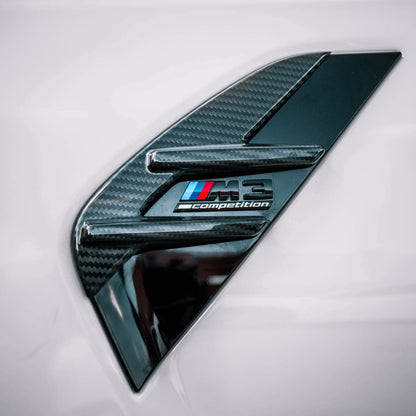 MHC+ BMW M3 Side Fender Badge Covers In Gloss Pre Preg Carbon Fibre (G80/G81)